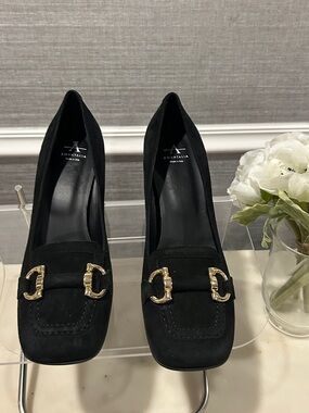 Aquatalia Black Suede Pumps with Gold Horsebit Hardware-weather proof